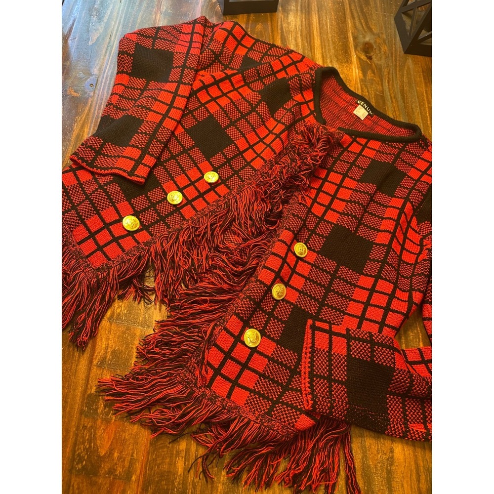 Venus Cardigan Red Black Plaid Fringe Gold Button Knit Sweater‎ Woman's Large